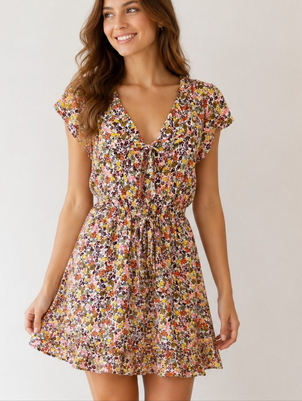 Old Navy Mini Dress Floral Waist-Defined Flutter-Sleeve Sz XXL Boho Peasant - Picture 1 of 11